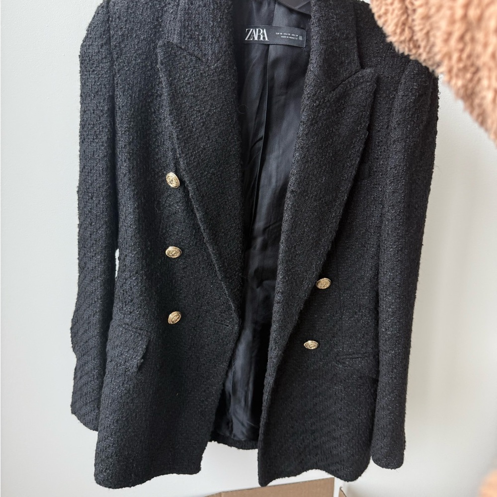 Zara Women's Tweed Black Blazer with Gold Buttons